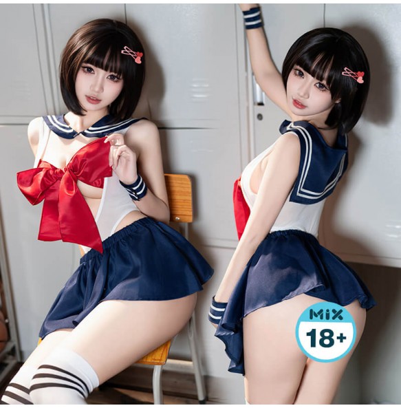 FEE ET MOI - Schoolgirl Style Butterfly Open-Crotch Lingerie Set (Blue - White)